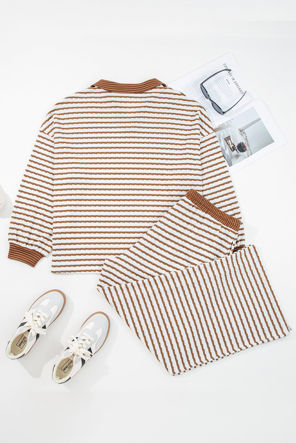Khaki Stripe Plus Size Collared V Neck Set With Wide Leg Dear-Lover Dropshipping
